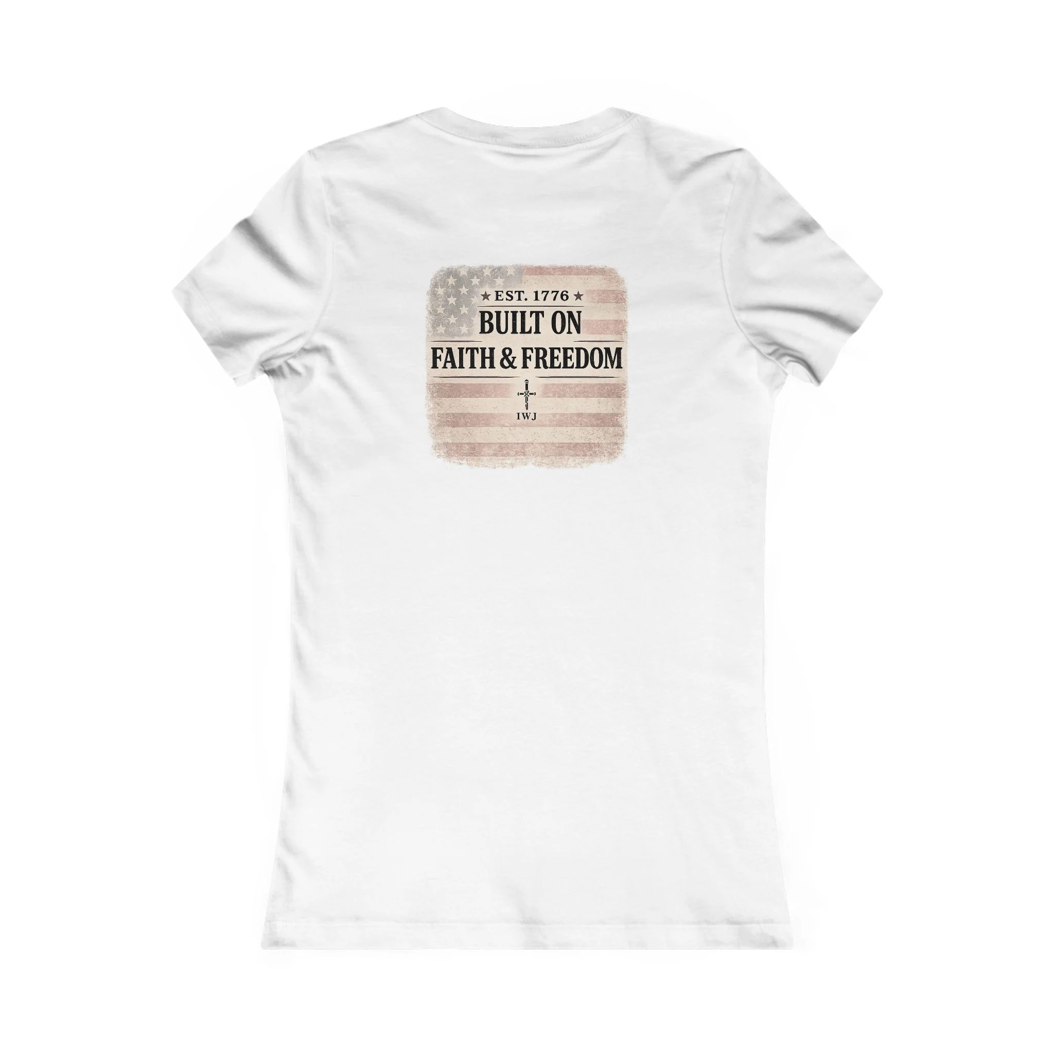 Faith & Freedom Women’s IWJ Graphic Tee | Vintage USA Flag Shirt - Image 4