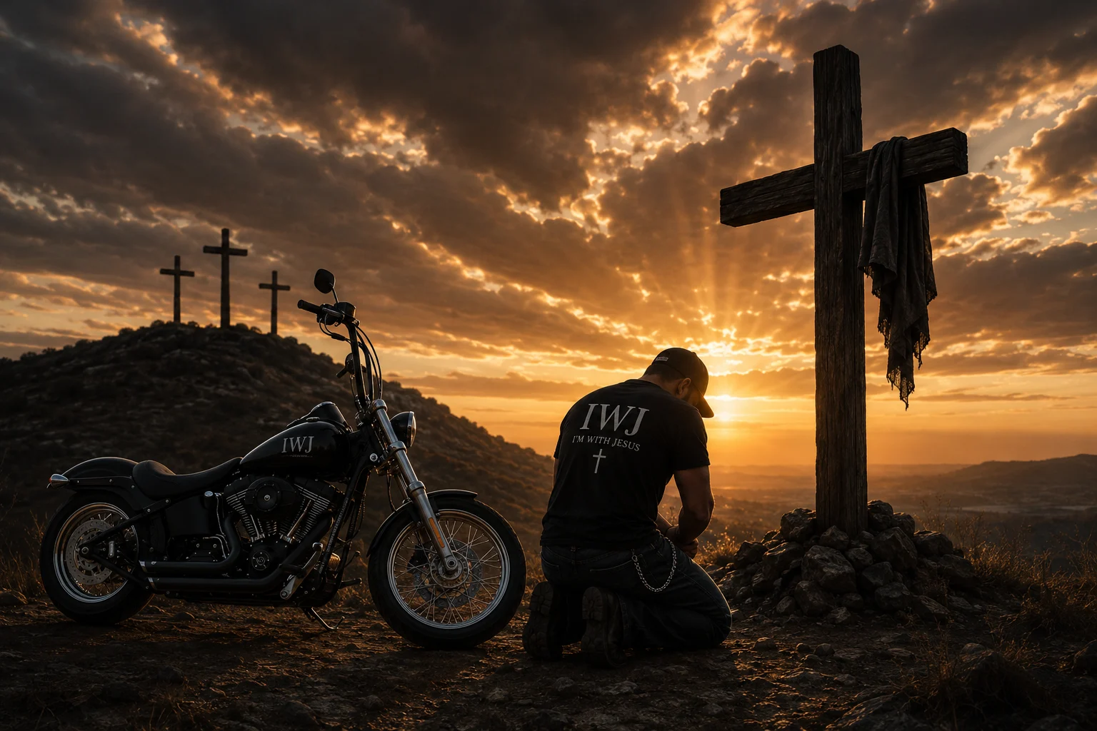 IWJ man kneeling by the cross with motorcycle