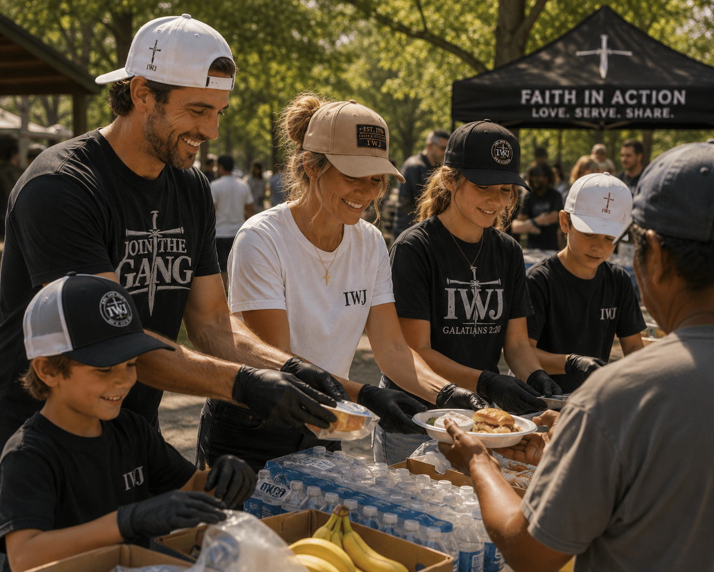 Best-Sellers-IWJ-Community-Hats-Family-Serving-people-at-park.