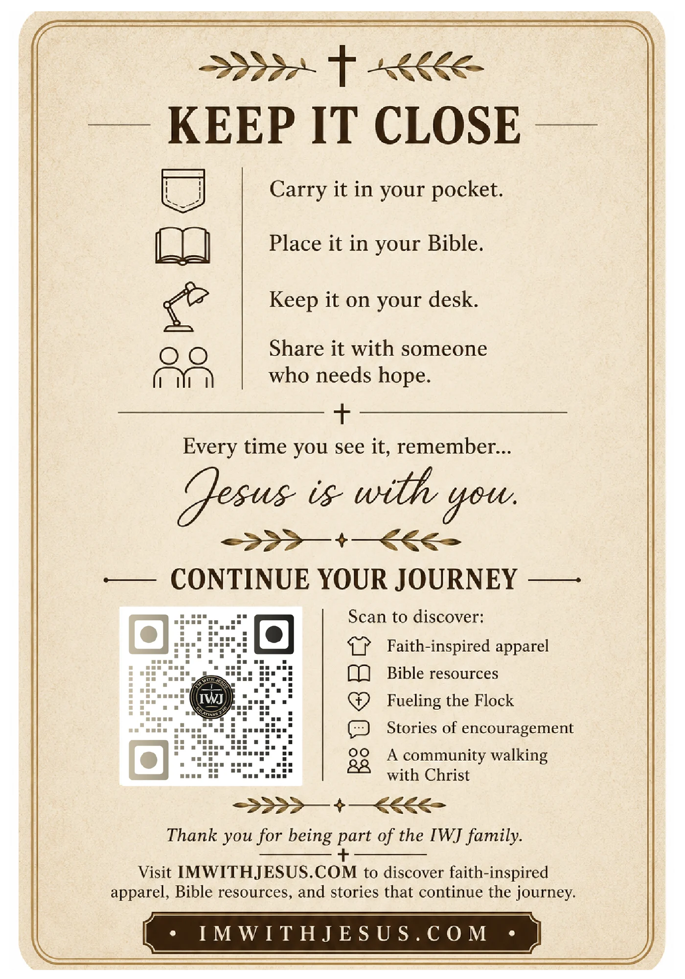 Palm Cross devotional card with prayer and faith reminders