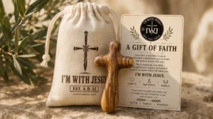 Olive Wood Palm Cross with I’m With Jesus keepsake bag