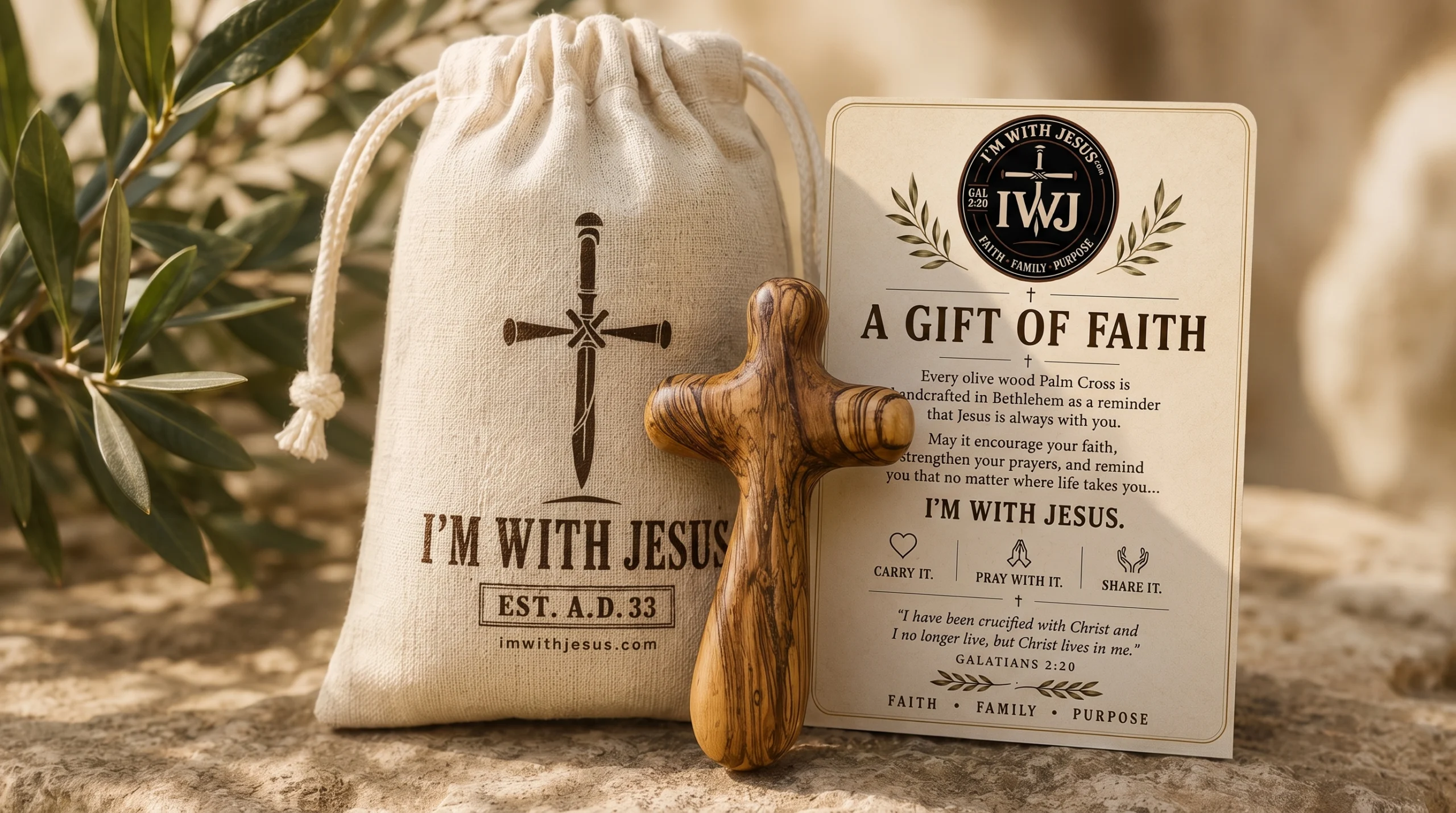 Olive Wood Palm Cross with I’m With Jesus keepsake bag