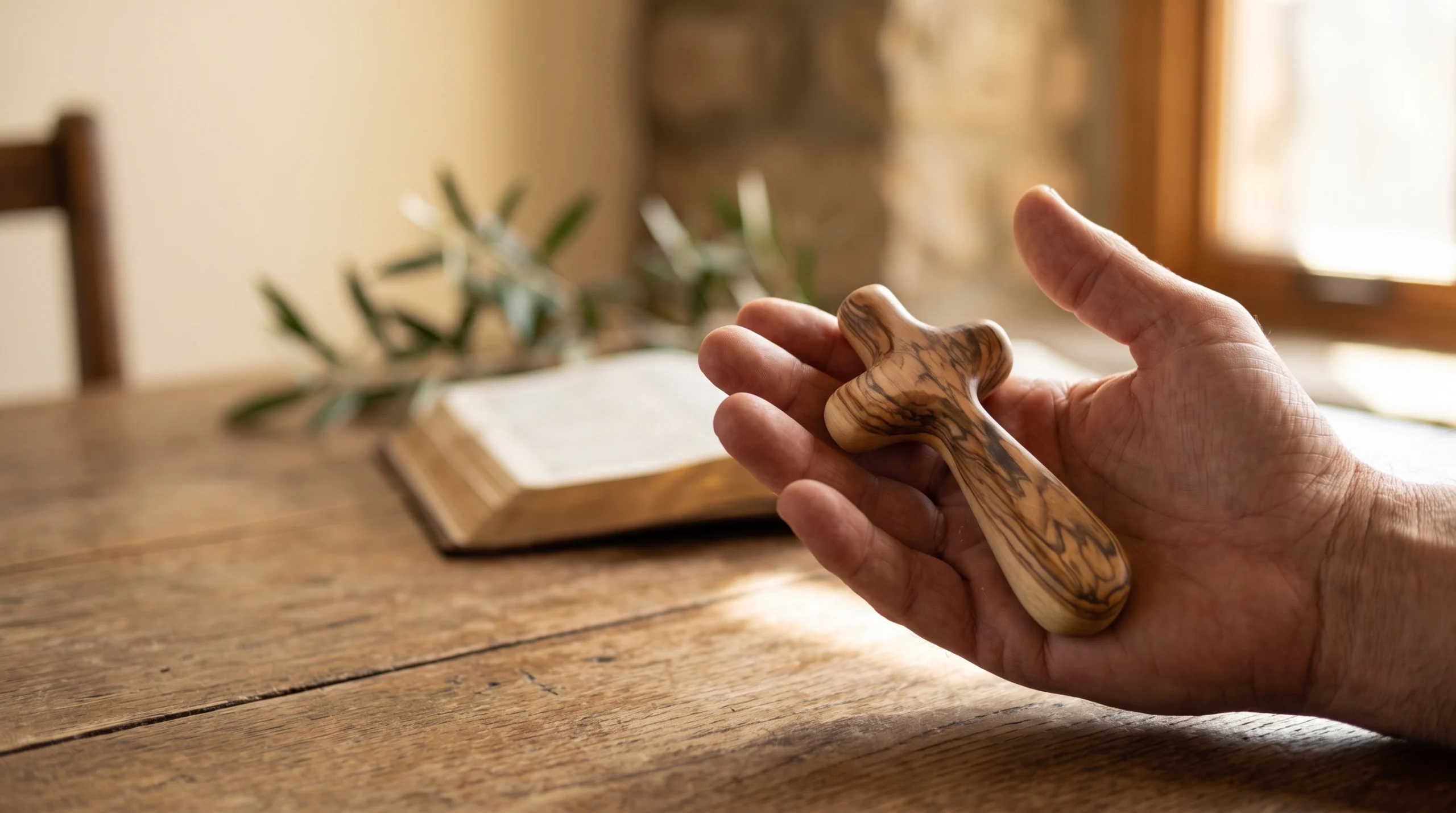 Olive Wood Palm Cross held in hand as a daily faith reminder
