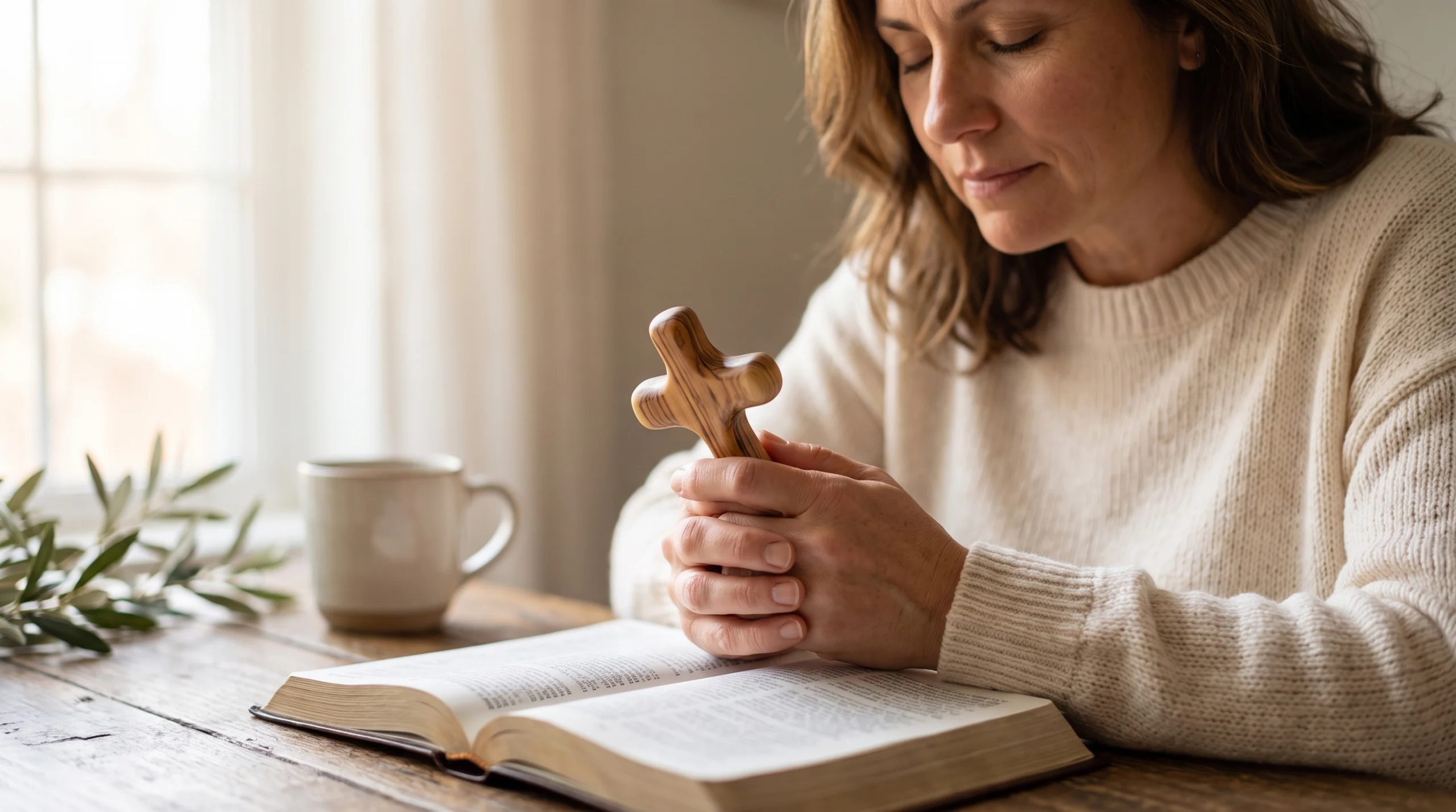 Woman holding an Olive Wood Palm Cross during prayer