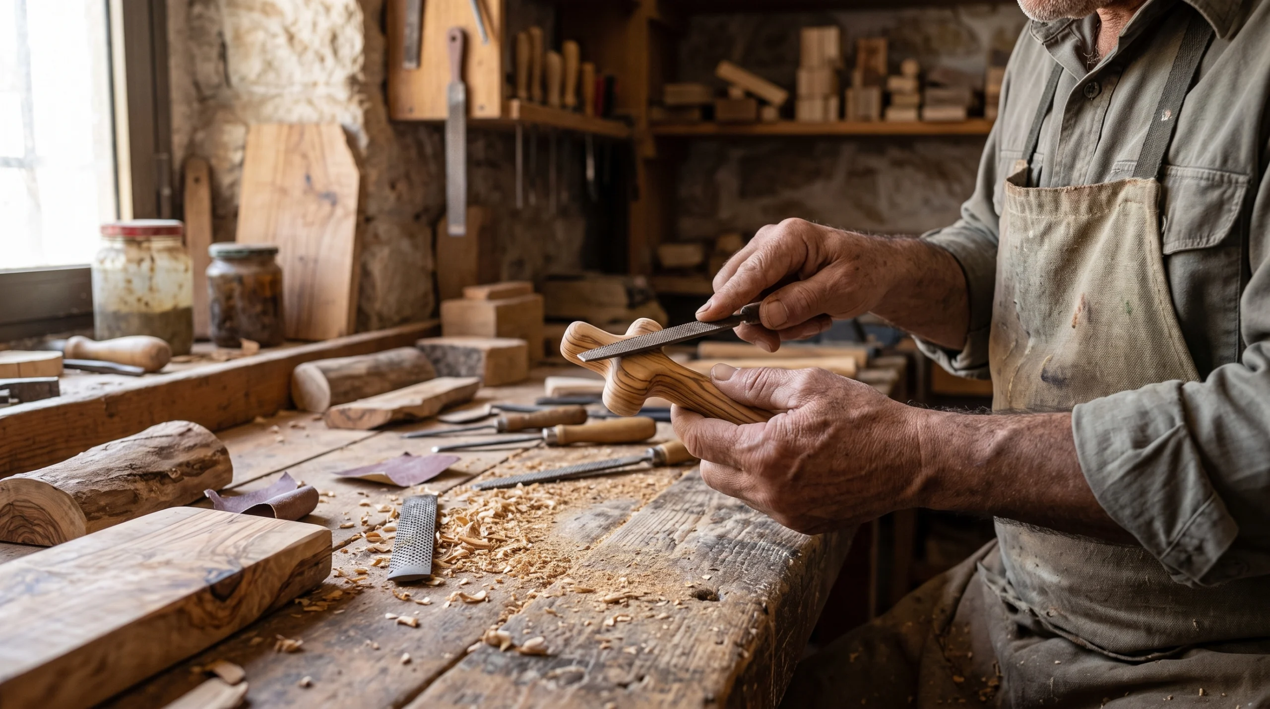 Artisan handcrafting an olive wood Palm Cross
