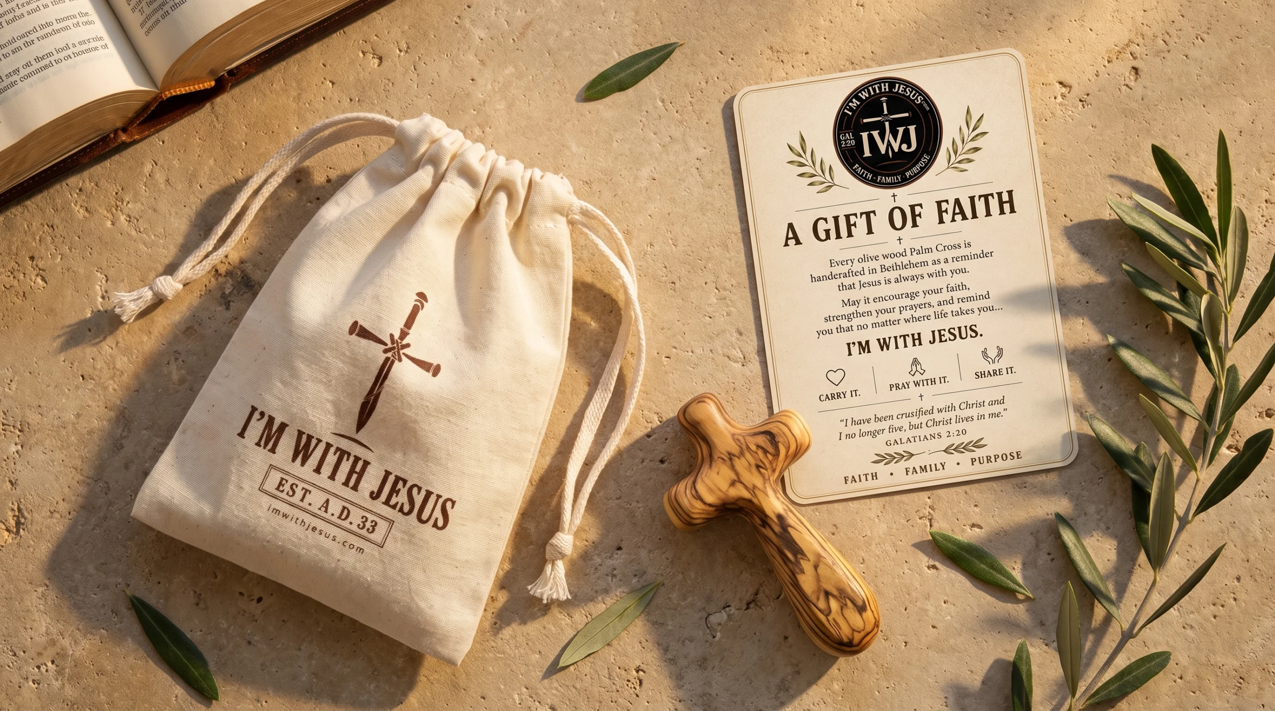 Olive Wood Palm Cross with I’m With Jesus drawstring keepsake bag
