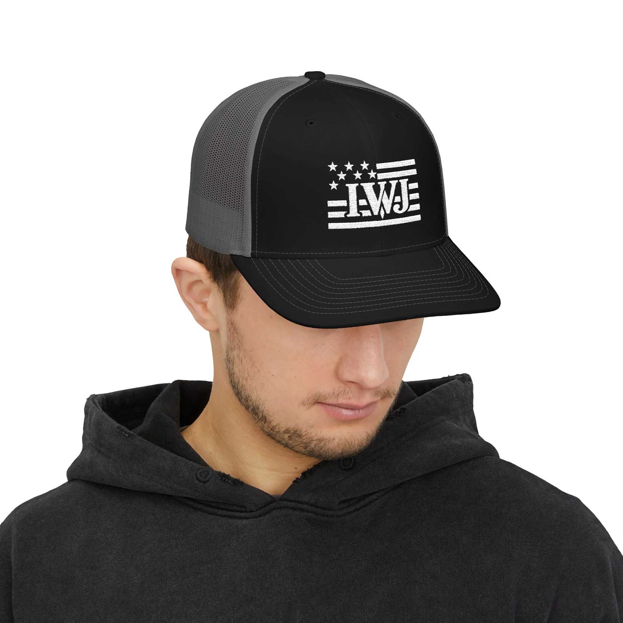 IWJ USA FLAG Trucker Hat | IWJ Patriot Mesh Cap | White Embroidered - Image 7