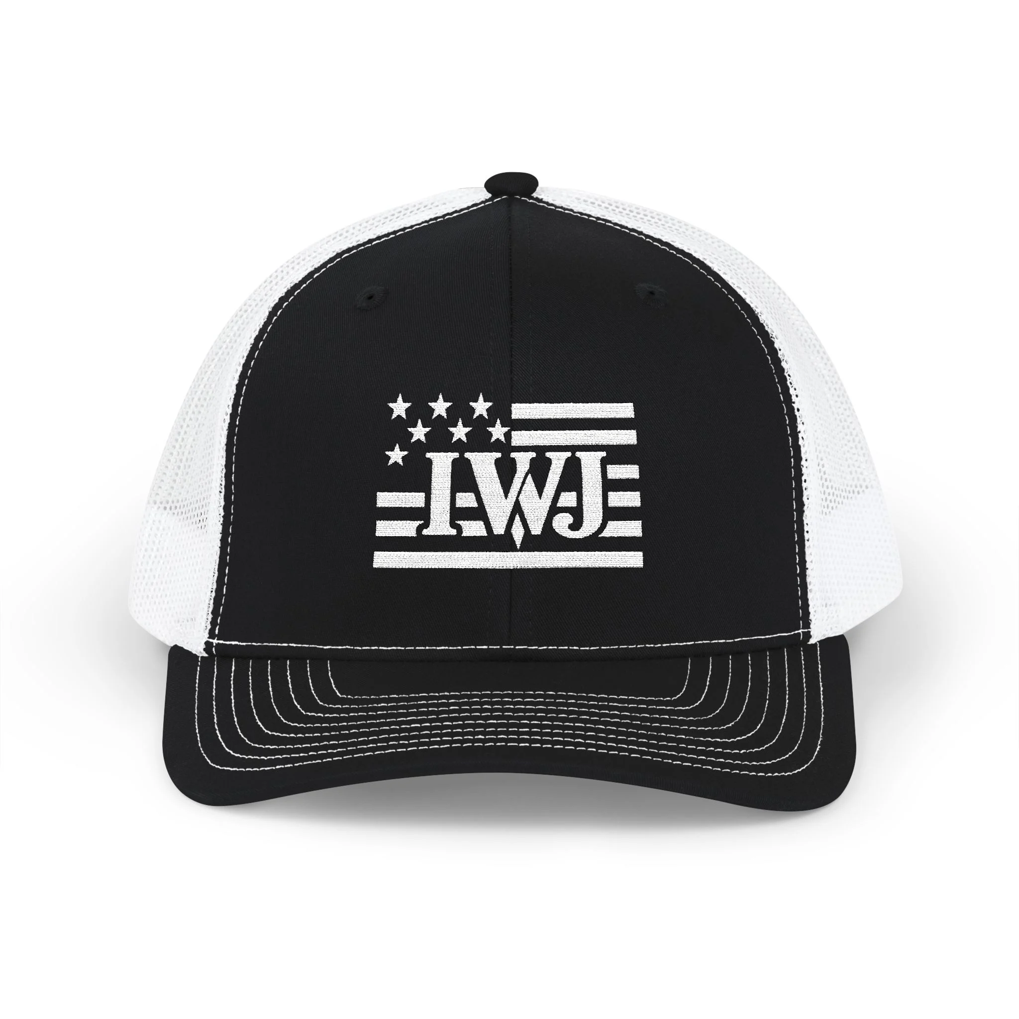 IWJ USA FLAG Trucker Hat | IWJ Patriot Mesh Cap | White Embroidered