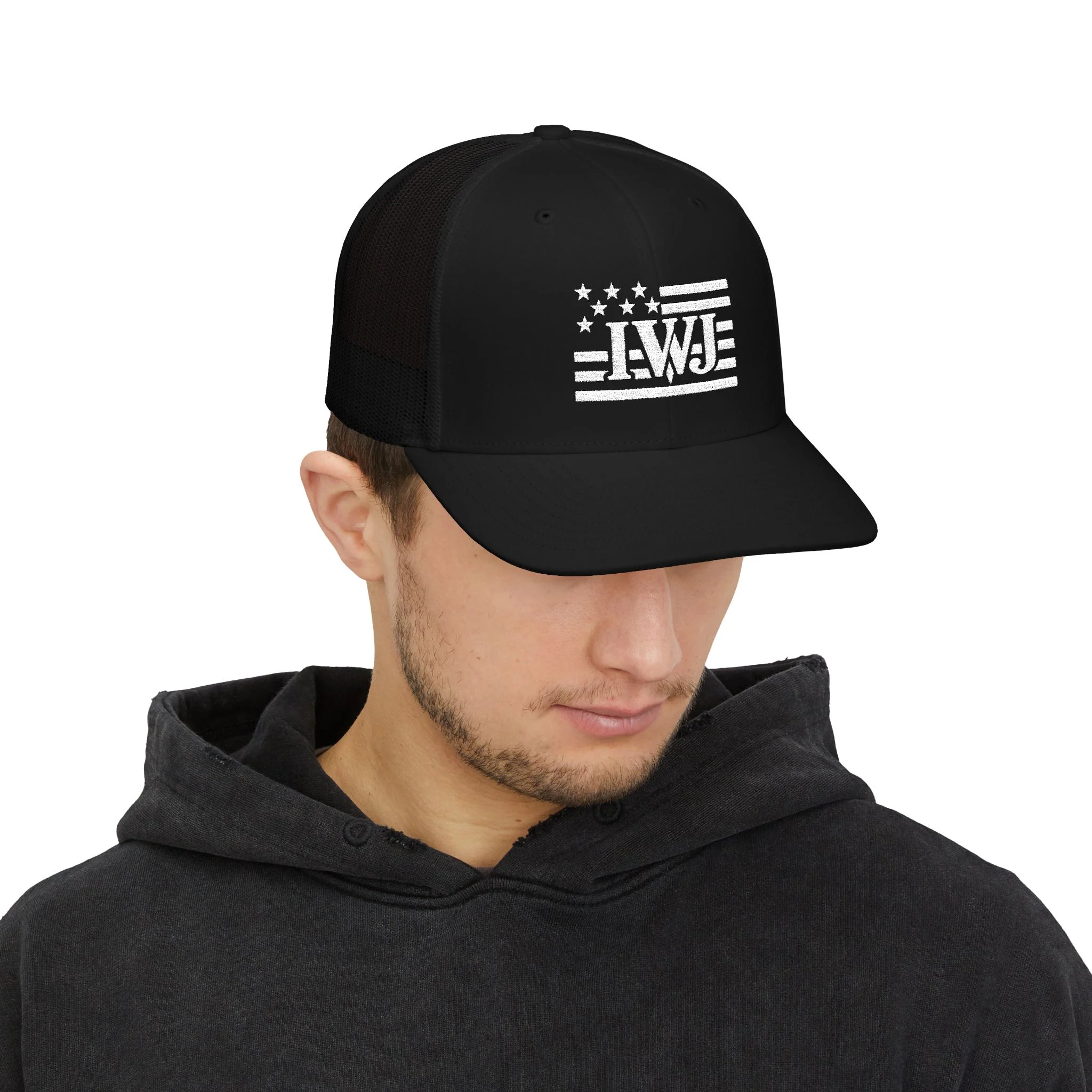 IWJ USA FLAG Trucker Hat | IWJ Patriot Mesh Cap | White Embroidered - Image 11