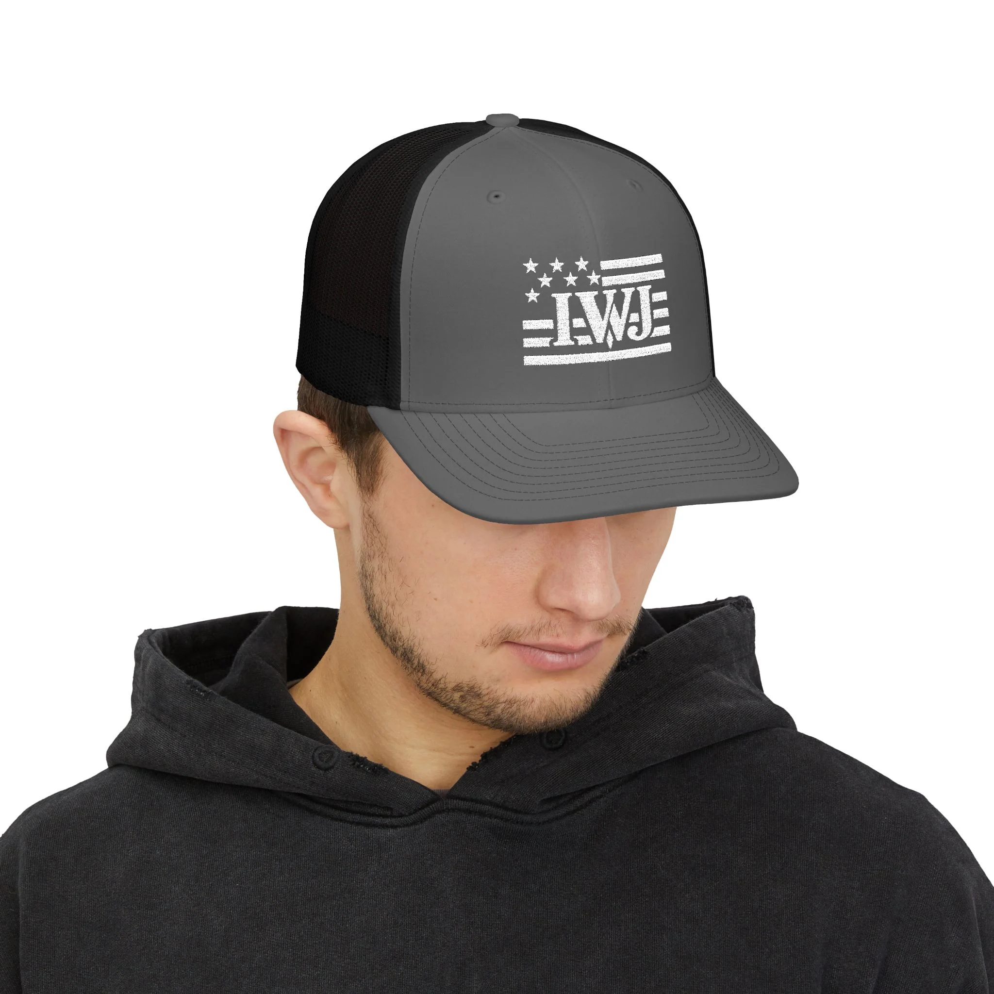 IWJ USA FLAG Trucker Hat | IWJ Patriot Mesh Cap | White Embroidered - Image 15