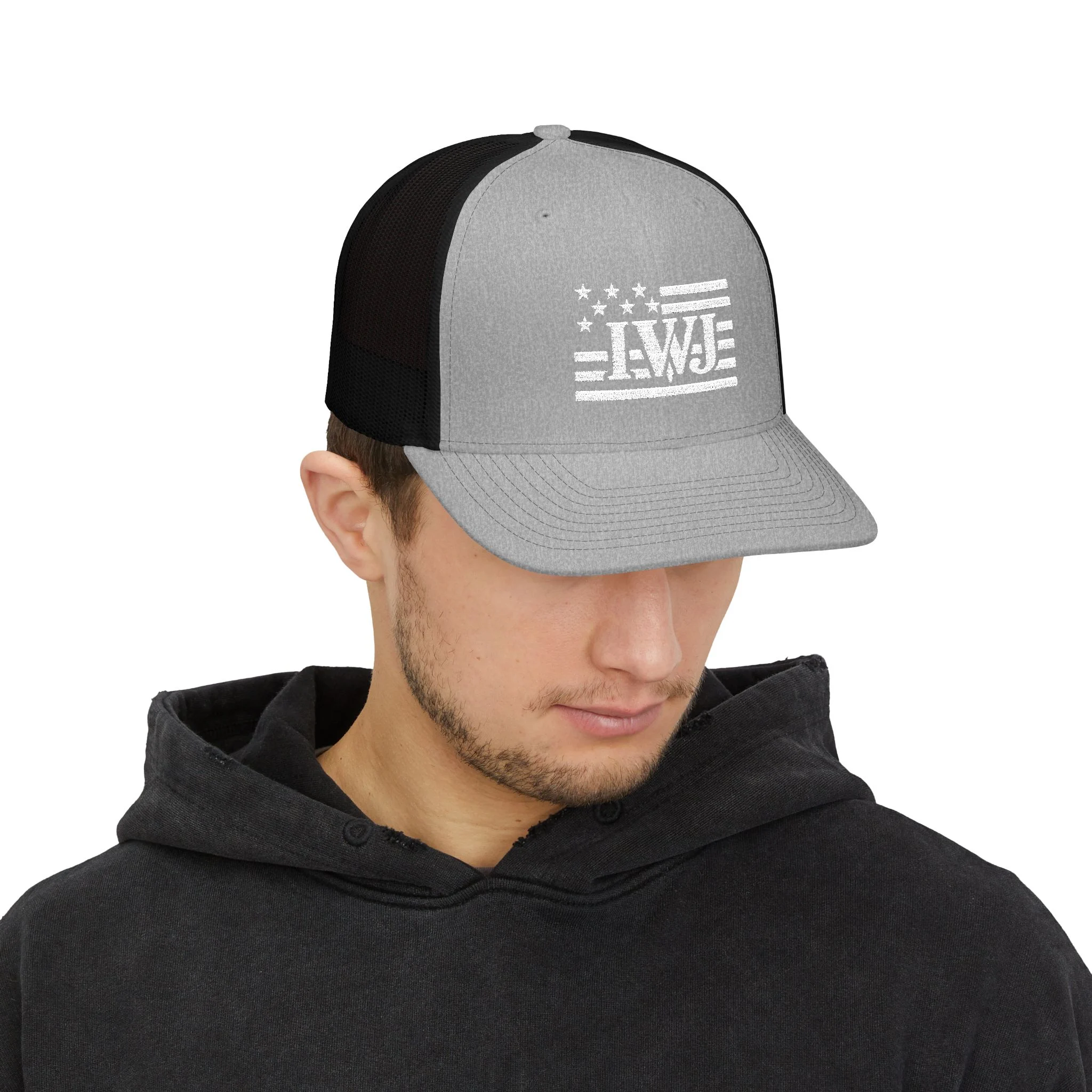 IWJ USA FLAG Trucker Hat | IWJ Patriot Mesh Cap | White Embroidered - Image 19