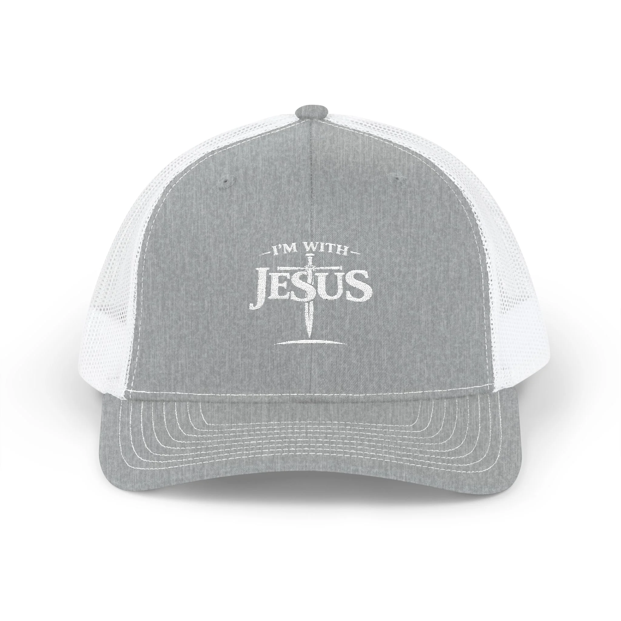 I’m With Jesus White Trucker Hat | Faith Hat | Embroidered Cap - Image 3