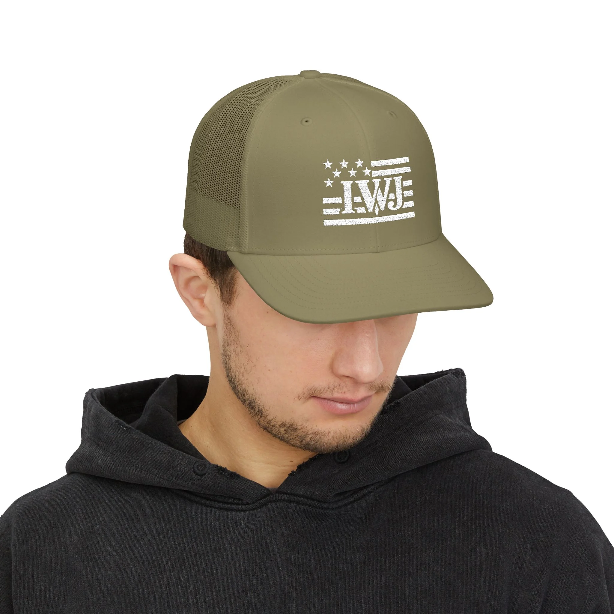 IWJ USA FLAG Trucker Hat | IWJ Patriot Mesh Cap | White Embroidered - Image 23